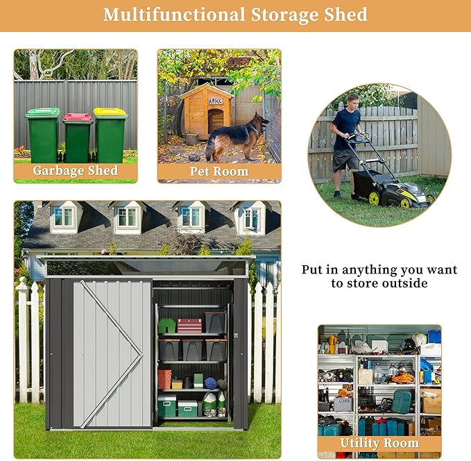 Vongrasig 6x4 FT Outdoor Storage Shed, Metal Garden Shed Clearance with Window and Lockable Door, All-Weather Sloping Roof Tool Shed for Backyard, Patio, Dark Gray