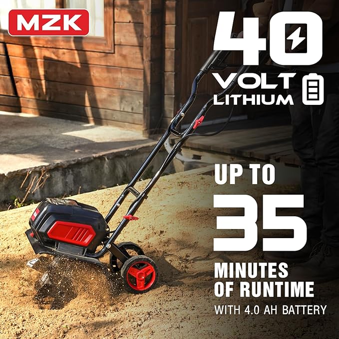 MZK 40V 12-inch Cordless Garden Tiller, 12In Width and 8.6In Depth Garden Rototiller,Battery Powered Garden Cultivator for Lawn/Gardening/Soil Cultivation(2 * 4.0Ah Battery&Charger Included),TC12D02