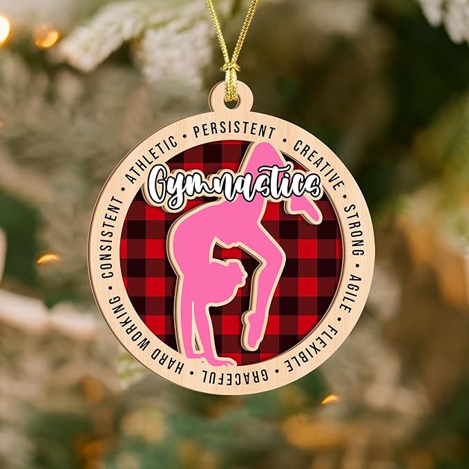 Gymnastics Ornament for Girls – 2-Layer Wooden Christmas Ornament for Gymnasts, Plaid Gymnastics Christmas Tree Decor, Gymnast Gifts for Girls 2025