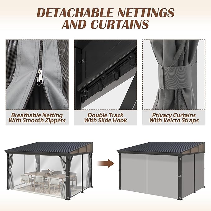 10' x 12' Hardtop Wall Mounted Gazebo, Lean to Gazebo with Galvanized Steel Roof Aluminum Frame Wall Gazebos Pergola with Netting&Curtains for Outdoor, Backyard, Patio