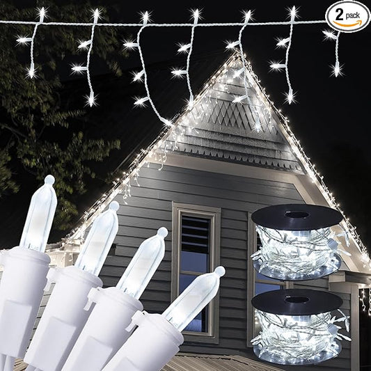 new one Cool White Icicle Lights with White Wire with 2 Cord Reels, 2 Pack Totalling 93.4FT, 240 Drops 500 LED Connectable Christmas String Lights Holiday Party (46.7 FT 250 LED 120 Drops for 1 Pack)