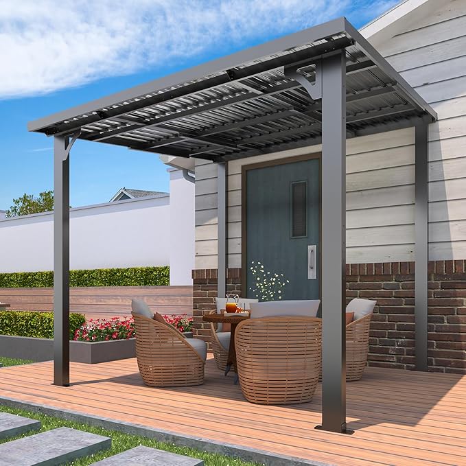 U-MAX 8' x 8' Outdoor Pergola Hardtop Gazebo, Wall-Mounted Heavy Duty Lean to Metal Awnings Gazebos on Clearance for Patio, Small Galvanized Steel Pergolas and Gazebo for Outdoor Use