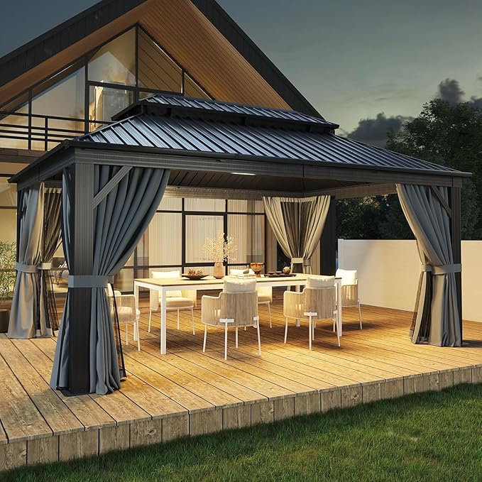 Aoxun 12FT X 16FT Hardtop Gazebo, Outdoor Pergolas with Mosquito Netting and Curtains, Galvanized Steel Double Roof Permanent Aluminum Gazebo, for Gardens, Decks, Patios, Parties, with Ground Nails