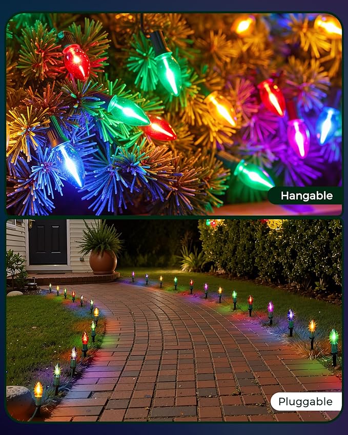 C9 Christmas Lights Outdoor, 2 Packs Total 51.4 Ft Christmas Pathway Lights with 40 LED Bulbs and Stakes, Outdoor Decorations Yard Walkway Sidewalk Holiday, Multicolor