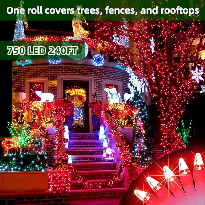 750 LED Chrstmas Lights, 240ft Outdoor Christmas String Lights with 12 Modes, Red LED String Lights with Timer Dimmable Waterproof for Tree Fence Garden Xmas Wedding Party Decor Red