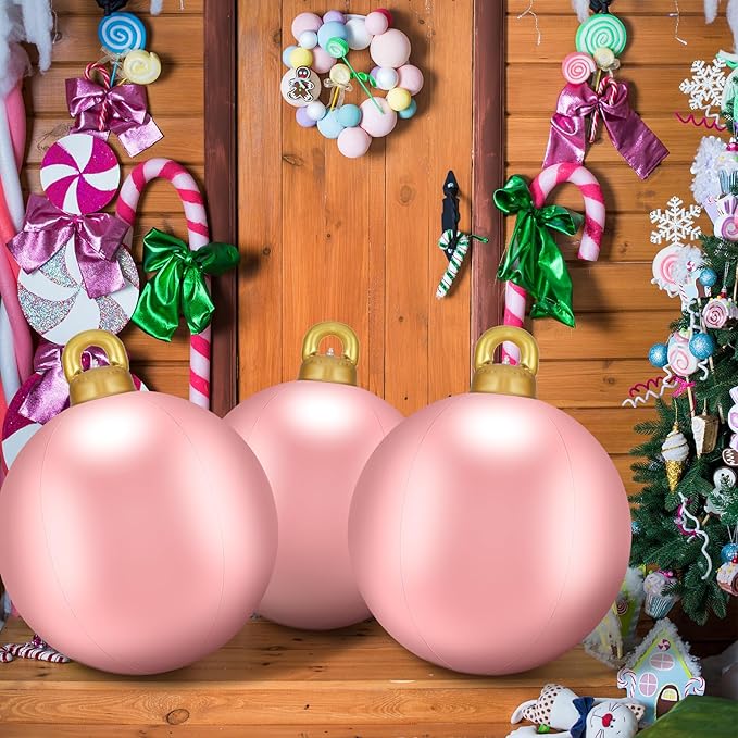 Jetec 4 Pcs Giant Inflatable Christmas Ball Large Xmas Inflatable Ornaments PVC Outdoor Holiday Blow Ball Outside Yard Lawn Porch Decorations (Solid,Pink)