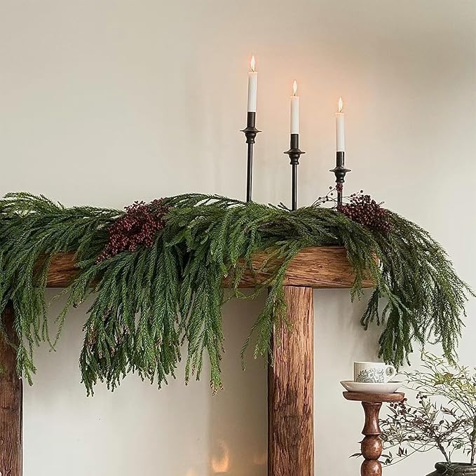 6 Ft 2 Pcs Artificial Norfolk Pine Garlands, Realistic Pine Garland, Green Artificial Greenery Garland for Table, Mantle, Wall, Indoor, Outdoor Winter Christmas Decorations