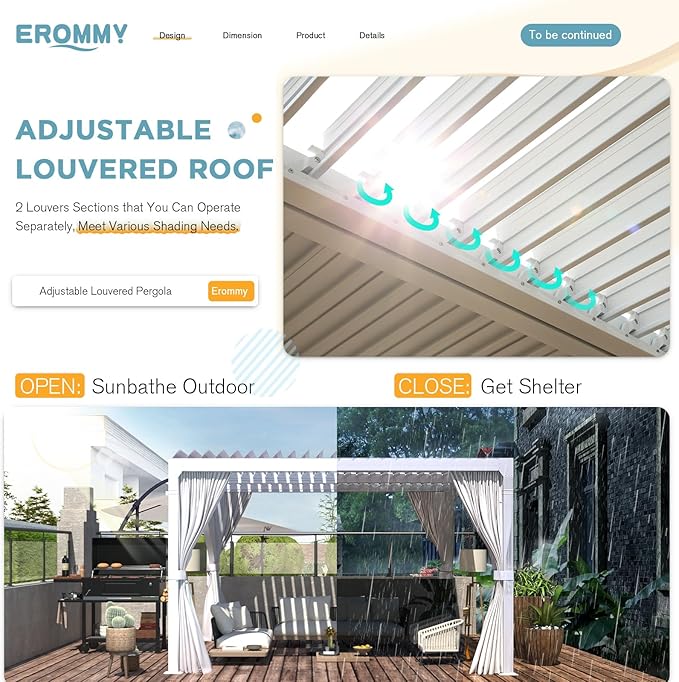 EROMMY Louvered Pergola 12' x 12' Outdoor Hard Top Pergola with Aluminum Frame and Adjustable Metal Rainproof Roof for Garden & Patio, Curtains and Netting Included, White