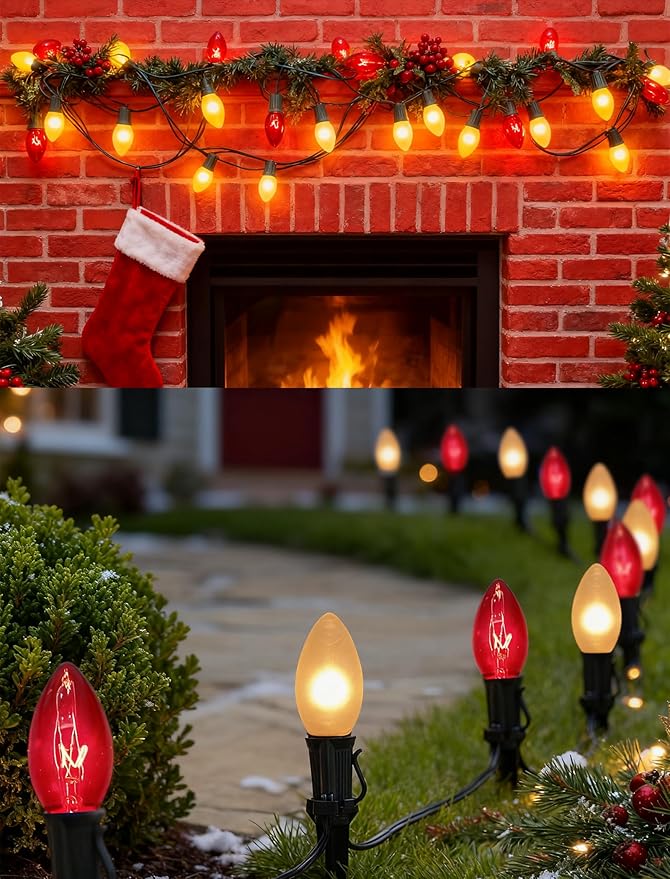 C9 Red and White Christmas String Lights 25Ft C9 Outdoor Christmas Decorations Lights with 26 Red Frosted White Bulbs, Vintage Christmas Light Waterproof for Patio Roofline Party Holiday Garden
