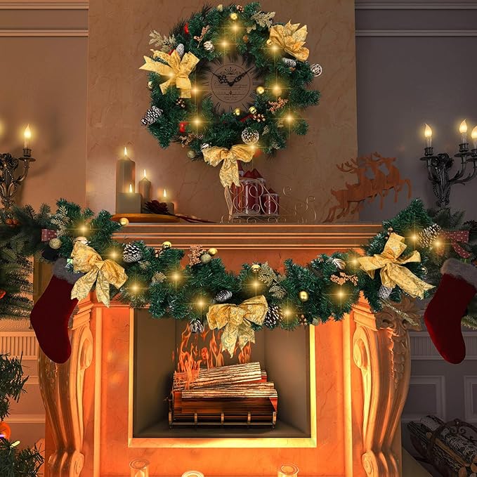 2 Pack 6ft Christmas Garland with LED Lights Pre Lit Outdoor Christmas Garland with Pine Cones Bow Gold Berry for Fireplace Mantel Holiday Indoor Christmas Decor, Total 12ft (Style 1)