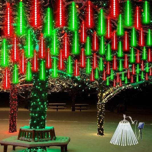 Solar Meteor Shower Lights Outdoor Decorations, Waterproof Christmas Lights Solar Powered, 16 Tubes 384LED Rain Drop Light, Snow Cascading String Light for Xmas Tree Party Garden Decor(Red and Green)