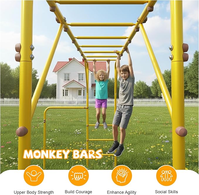 Outdoor Monkey Bars for Kids, Steel Monkey Bar for Backyard, with Climbing and Gymnastics Bar,Free-Standing Playset for Children Age 3-12,Compact for Small Yards, Yellow
