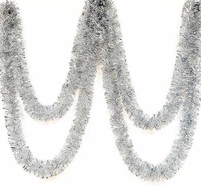 25 ft Long Roll Silver Tinsel Twist Garland, Shiny Metallic Foil Decorations for Parade Floats, Halloween, Christmas Eve, New Year Parties (4" x 25' roll, Silver)