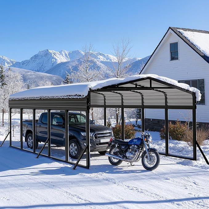 12x25FT Metal Carport, Extended Heavy Duty Carport with Reinforced Frame & Side Support Poles for All-Weather, Large Outdoor Car Port for Pickup Trucks, Boats, Cars & Tractors