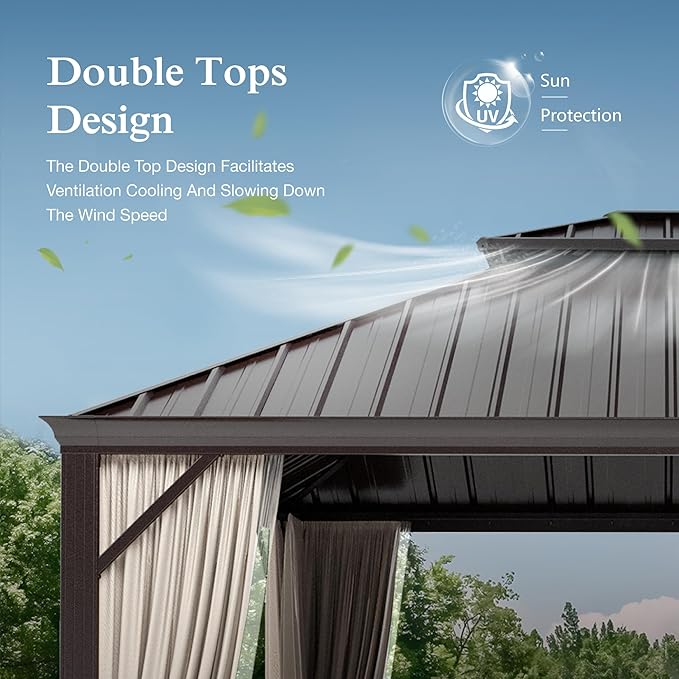 10'x12' Hardtop Aluminum Gazebo, Permanent Outdoor Canopy with Galvanized Steel Double Roof Heavy Duty Pavilion with Curtains and Netting for Garden Patio Lawn Deck