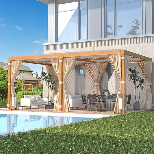 EROMMY Louvered Pergola 12' x 20' Outdoor Hard Top Gazebo with Wooden Grain Aluminum Frame and Adjustable Metal Rainproof Roof for Garden & Patio, Curtains and Netting Included, Wood Grain