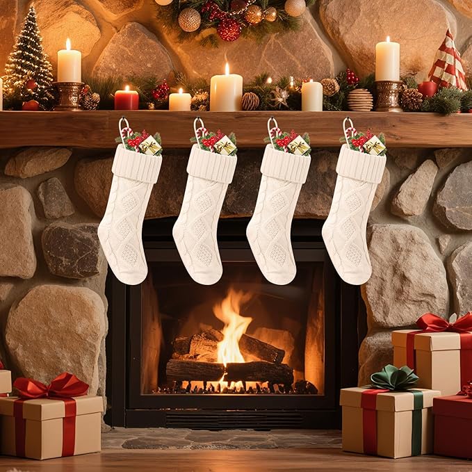 Christmas Stockings 18 Inches,Long Knitted Socks Christmas Decoration Hanging Stocking Fireplace Xmas Tree Stocking for Home Family（4 White）