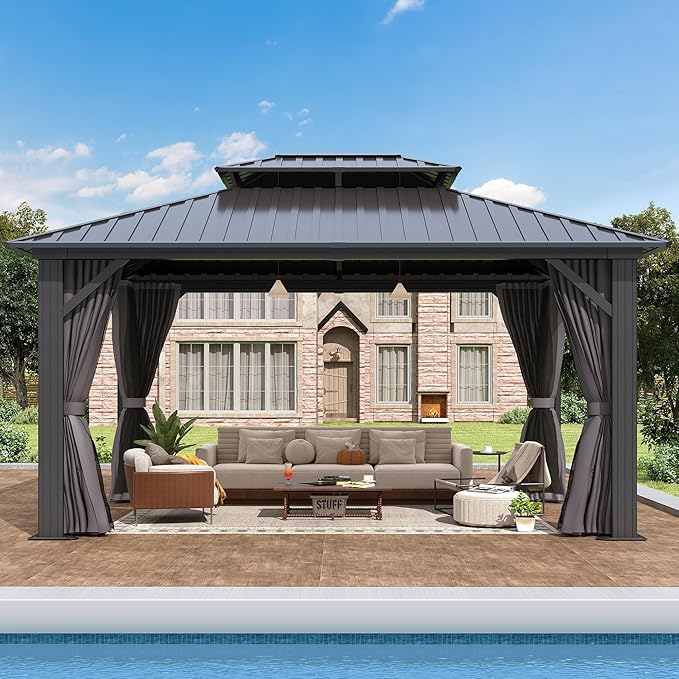 GARTOO 12'x14' Outdoor Hardtop Gazebo with Double Roof - Heavy-Duty Galvanized Steel Top Aluminum Frame Gazebo with Breathable Netting & Privacy Curtain for Patio, Porch, Garden, Lawn, Deck, Backyard