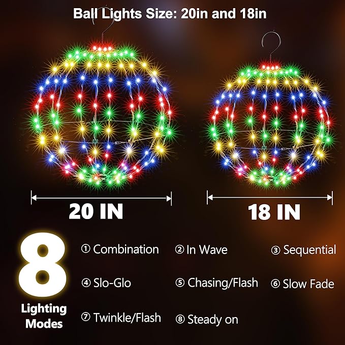 Joomer 2 Pack Christmas Big Ball Lights, 20IN & 18IN Foldable Metal Sphere Lights Waterproof with Timer, Plug-in Hanging Tree Globe Light for Christmas Decorations-Multicolor (Non-connectable)