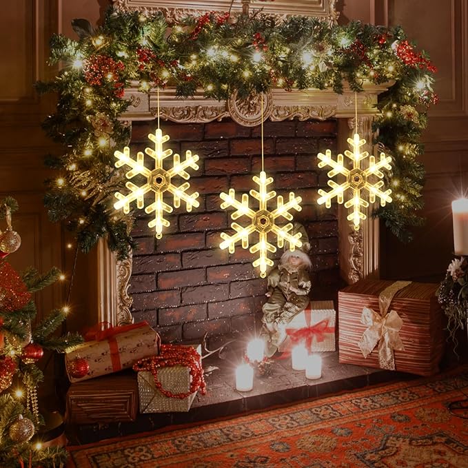 3Pack Christmas Window Lights Decorations with Timer,Battery Powered Christmas Hanging Warm White Lighted Snowflake Shaped LED Sucker for 2026 Xmas Tree Fireplace Indoor Decor