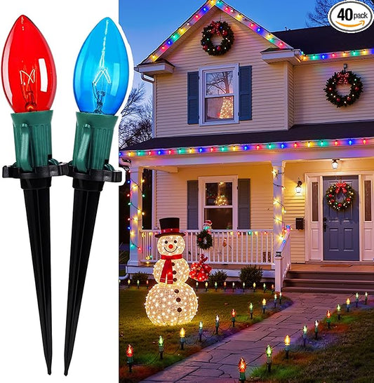 Brightown Christmas Pathway Lights Outdoor,Driveway Lights with 40 Multicolor Bulbs and Stakes, Connectable Outdoor Christmas Decorations Yard Walkway Sidewalk,Multicolor,25.7 FT x 2 Packs