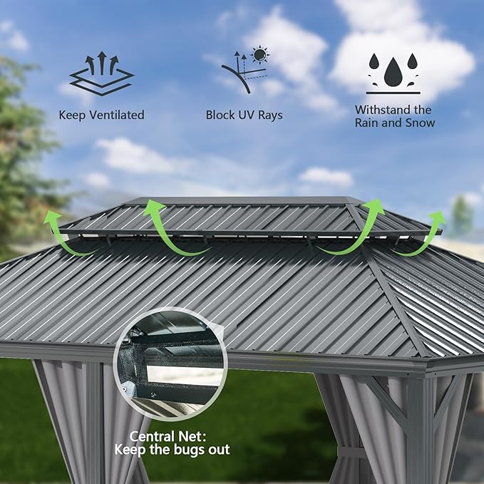 Domi 12x18FT Outdoor Gazebo, Hardtop Gazebo with Galvanized Steel Double Roof, Metal Gazebos with Drainage System Patio Pergola for Patio Deck Backyard,Curtain and Netting,Gray