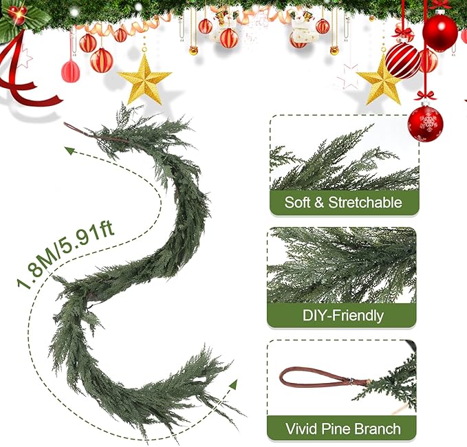 Norfolk Pine Christmas Garland - Real Touch Pine Garland, Green Artificial Greenery Garland for Holiday, Fireplace, Mantle, Window, Stairs, Indoor, Outdoor Décor (180cm - Encrypted A)