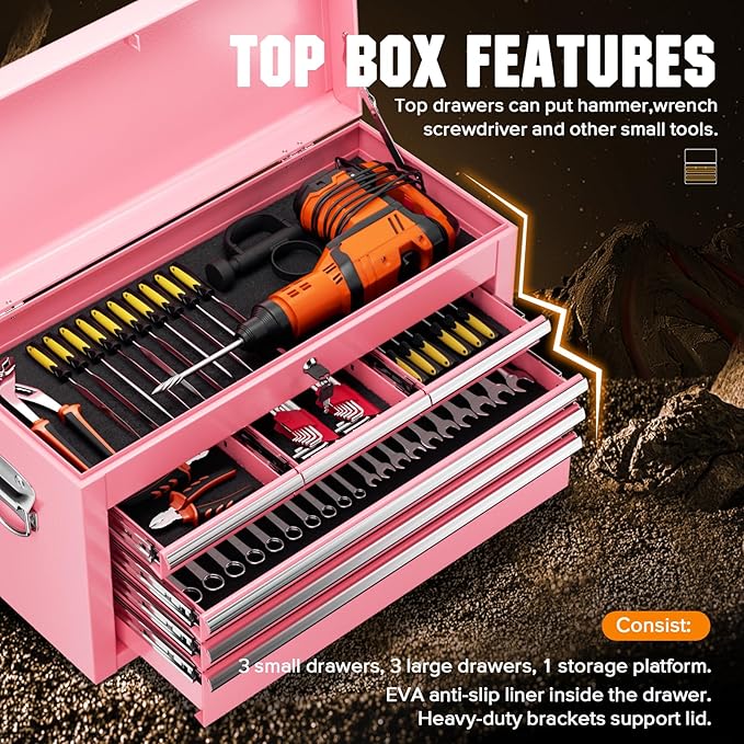 Crownland 8 Drawer Rolling Tool Chest with Wheels, Lockable 2 in 1 Detachable Tool Cabinet wit Drawers and Black Liners, Garage Top Toolbox and Bottom Storage Cart with Side Hooks,Pink