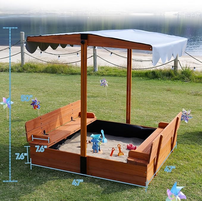 Wooden Kids Sandbox with Lid Sand Box with Cover for Outdoor with Canopy Ages 4-8, Sand Pit with 2 Foldable Bench Adjustable Roof Bottom Liner