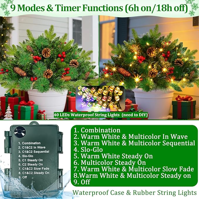 2 Pack Christmas Tree Urn Fillers, 8 Mode Timer 40 Warm&Colorful Change Lights with 3 Styles Branches Pine Cones and Berry, Battery Powered Outdoor Christmas Trees Decor for Porch Driveway Yard