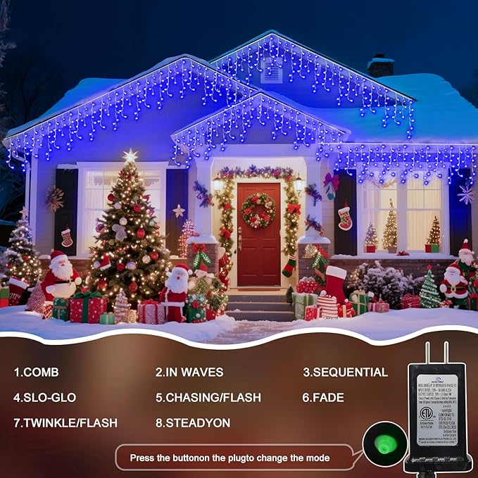 98 Ft String Lights for Outside, 1216 LED Christmas Lights Outdoor Plug in, Christmas String Lights with 8 Modes & Timer for Holiday, Party, Wedding, House, Patio, Outdoor Decor(Blue)