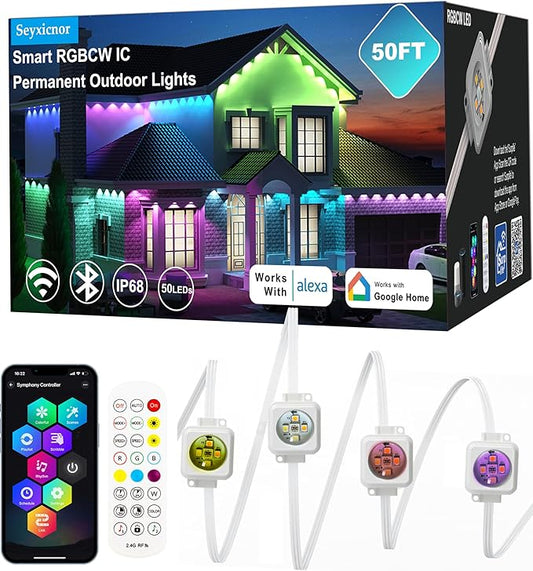 Permanent Outdoor Lights Pro, 50FT with 30 RGBCW IC LED String Lights Outdoor, IP68 Waterproof Smart Christmas Lights for House, Eaves, Daily, Party Decor, APP Alexa Google Control