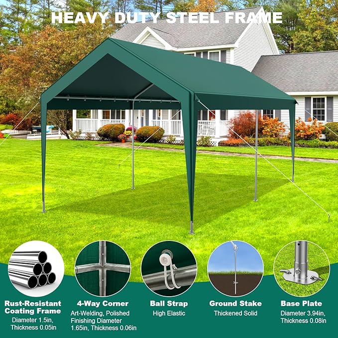 12x20FT Heavy Duty Carport, Portable Car Canopy Garage Boat Shelter Party Tent, UV Resistant Waterproof Carport Canopy with Four Wind-Resistant Ropes, Green
