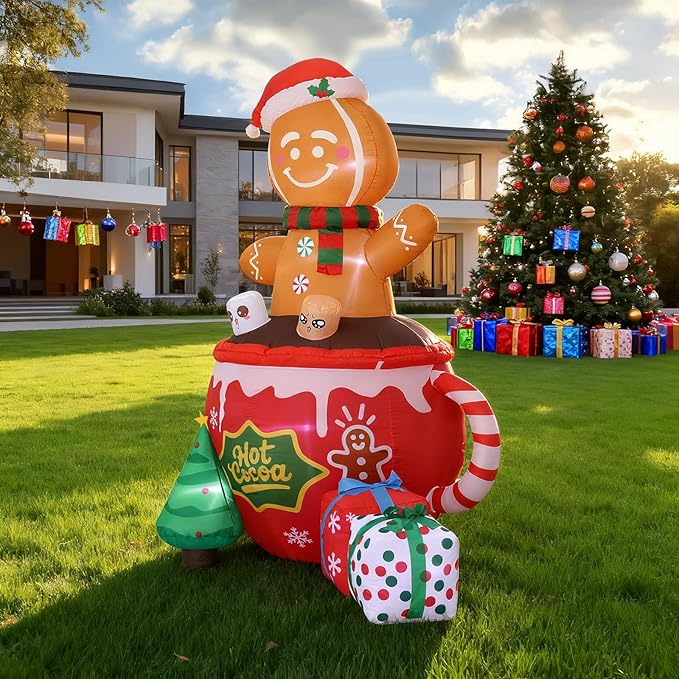 6FT Christmas Inflatables, Gingerbread Inflatables Outdoor Decorations, Cute Christmas Blow Up Decorations for Indoor Garden Lawn Party Decor