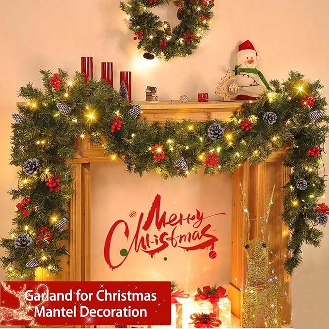 Timer 8 Mode - 9Ft by 10 Inch Prelit Christmas Garland with 50 Warm Lights,Thick 270 Snowy Tips 70 Red Berry 10 Pinecone Battery Operated Real Touch Cedar Xmas Garland Door Mantle Indoor Outdoor