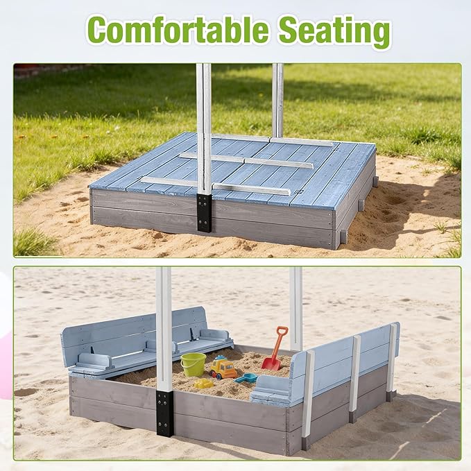 Wooden Sand Box with Cover,Sandbox with Lid Foldable Beench Seats,Sand Boxes for Backyard Garden, Beach Patio Outdoor (Sandbox-B)