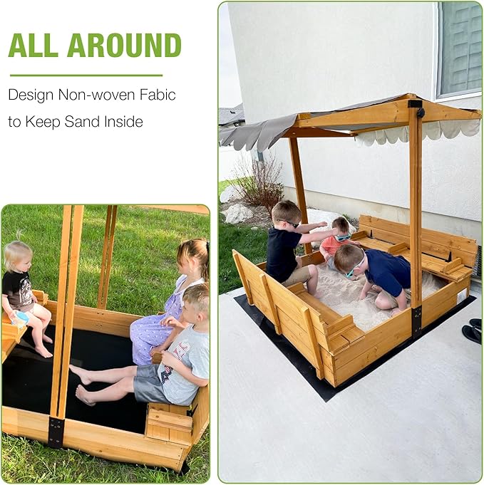 Sandbox with Lid Wooden Kids Sand Box for Backyard with Canopy and Foldable Bench Seats,UV-Resistant,Adjustable Height Roof