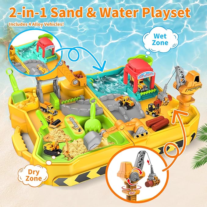 Engineering Beach Sand Set, 500g Play Sand + 4 Alloy Trucks Foldable Handbag Sandbox w/Rotating Crane & Water Area - Safe, Easy-Clean Outdoor Toy for Kids 4-12
