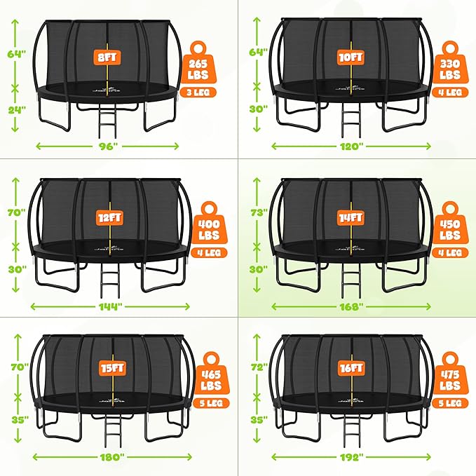 Trampoline 8FT 10FT 12FT 14FT 15FT 16FT, Recreational Trampolines with Enclosure Net and Ladder, Outdoor Anti-Rust Trampolines for Kids and Adults, ASTM Approved