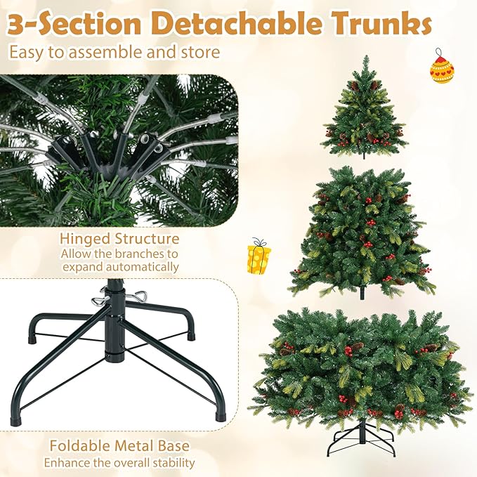 GOFLAME 7FT Pre-lit Artificial Christmas Tree, Hinged Xmas Tree with Remote and App Control, 500 Color & Mode Changing RGB Lights, Timer, 1436 Branch Tips, Pine Cones and Red Berries