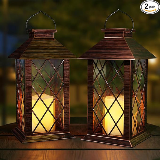 Outdoor Solar Lanterns, Waterproof Hanging Lantern with LED Flickering Flameless Candle, 13'' Bronze Outdoor Solar Powered Lantern Decor for Porch Patio Garden Balcony Pathway, 2 Pack