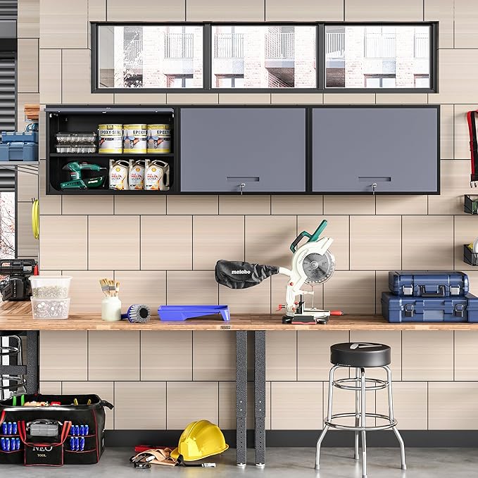 Metal Wall Cabinet with Locking Door and Shelf, Hanging Garage Cabinets with Up-Flip Doors for Garage, Warehouse, Home, Office, Assembly Required (Black Grey, One Cabinet)