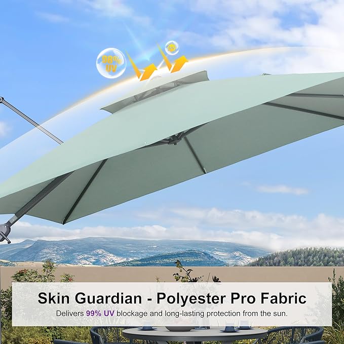 PURPLE LEAF 10 FT Cantilever Umbrella Outdoor Patio Umbrella, Large Offset Square Umbrella, Windproof Heavy Duty Hanging Outside for Patio, Mint Green
