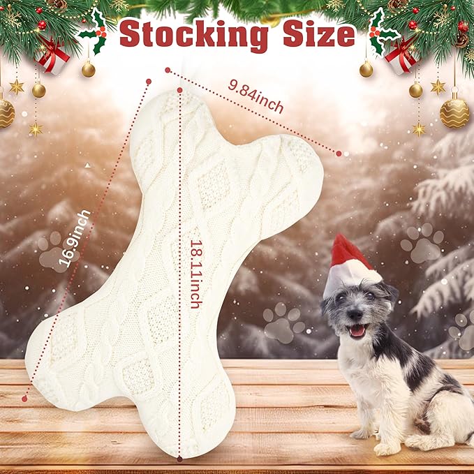 Dog Christmas Stocking, Knit White Christmas Stocking for Dogs, Bone Shape Dog Stocking Christmas Large Pet Stockings Hanging Dog Christmas Stocking for Christmas Decorations