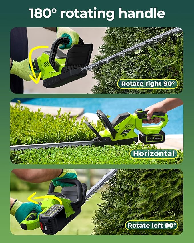 20'' Hedge Trimmer Cordless with 2pcs 4000mAh Battery, Electric Handheld Bush Clipper with Rechargeable Batteries, 3000RPM 180¡Æ Rotatable Head, 2/3'' Blade Gap Green