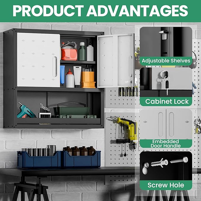 Garage Wall Cabinet,29.5 W Wall Mounted Garage Cabinets with Adjustable Shelf,Heavy Duty Lockable Metal Cabinet,Secure Hanging Tool Cabinet for Basement,Laundry Room,Workshop,Black/Grey