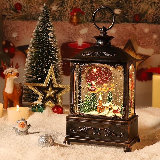 Christmas Decorations Christmas Snow Globe Glittering Lantern with Music & Timer, Christmas Lanterns USB Lined/Battery Operated Lighted Lantern for Decoration Gifts