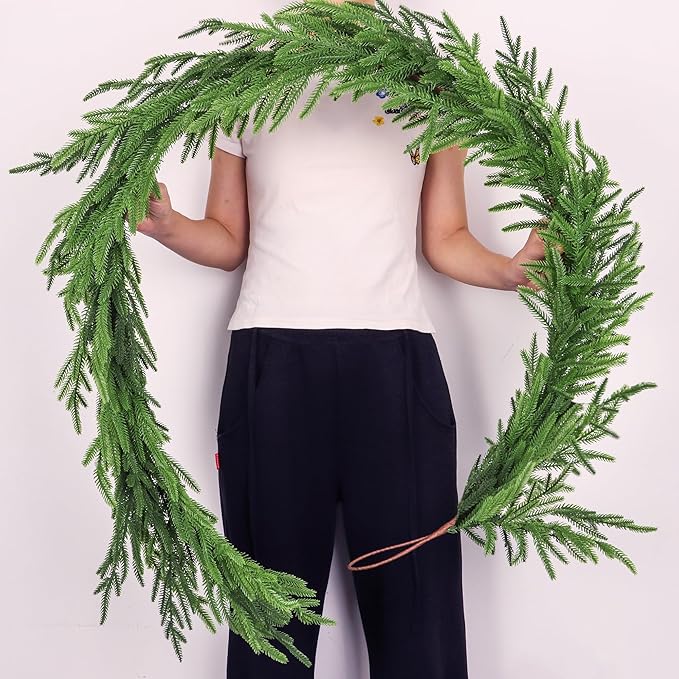 6 FT Christmas Norfolk Pine Garland Real Touch Artificial Faux Greenery Pine Christmas Garland Decorations for Home Mantle Table Stairs Door Fireplace Indoor Outdoor Xmas Holiday Decor