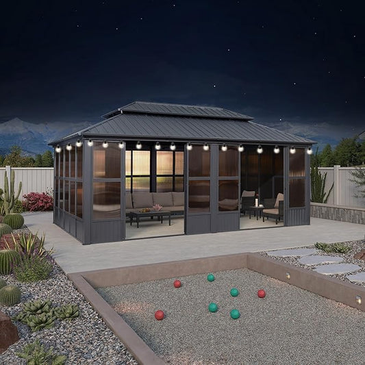 PURPLE LEAF 12' X 20' Sunroom with Light Permanent Hardtop Gazebo Solarium Galvanized Steel Double Roof Aluminum Outdoor Screen House for Patio Deck Backyard Grey