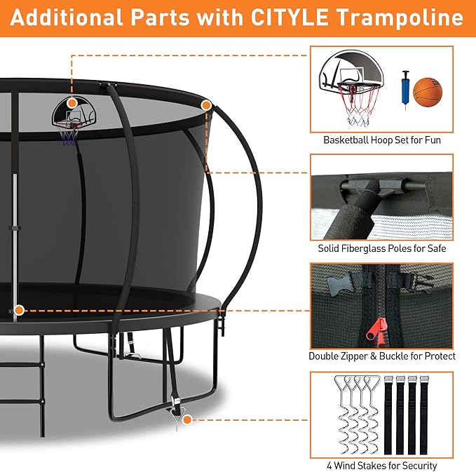 Tranpoline 1500LBS 8 10 12 14 15 16 FT Tranpoline for Kids and Adults Tranpoline with Enclosure Net, Wind Stakes, Basketball Hoop, Heavy Duty Recreational Tranpolines - ASTM Approved